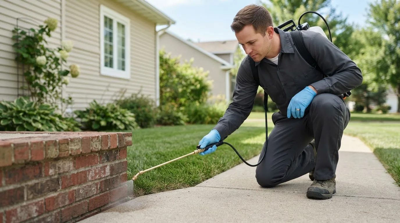 Pest control technician treating a home near San Pierre, IN