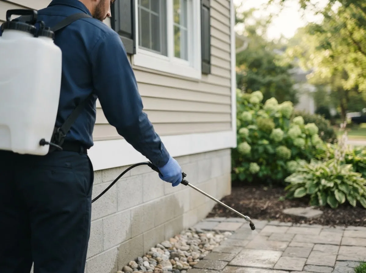 Pest control technician inspecting a home in San Pierre, IN